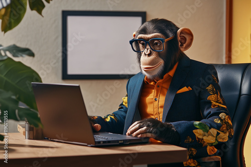 monkey wearing modern and stylish outfit sitting at his office desk and looking at his laptop
