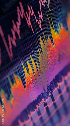 Colorful stock market graph with sharp peaks.