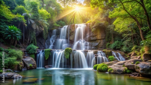Serene Waterfall Scene in Natural Light, calming environment , outdoor setting,  calming environment