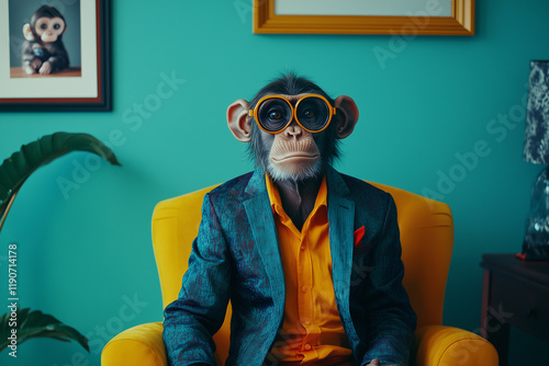 monkey wearing modern and stylish outfit sitting at his office 