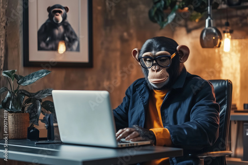 monkey wearing modern and stylish outfit sitting at his office desk and looking at his laptop