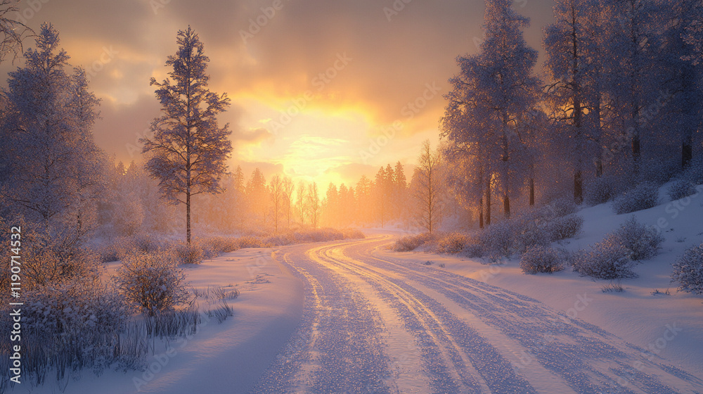 Beautiful Snowy Forest Road at Sunset with Golden Light and Winter Scenery Beautiful Snowy Forest Road at Sunset with Golden Light and Winter Scenery
