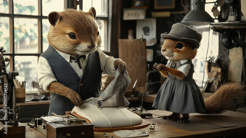 Beaver and squirrel dressed up as tailors in tailor shop