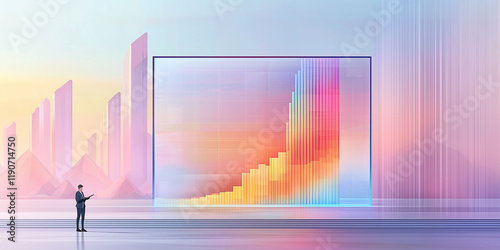 Holografisches Balkendiagramm, klare digitale Schnittstelle mit aufsteigendem Datendiagramm. Erstellt mit: digitale Illustration, Business-Ästhetik, Ultra-High-Definition, präzise Linien photo