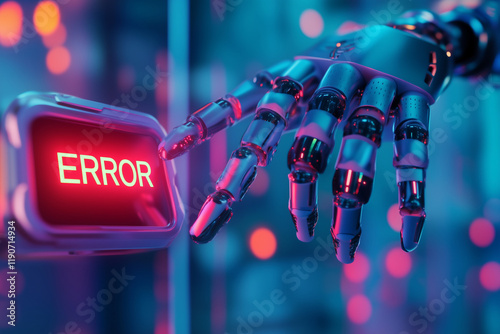  Robot hands point with wrong password button, robotic artificial intelligence technology concept