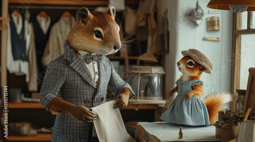 Beaver and squirrel dressed up as tailors in tailor shop