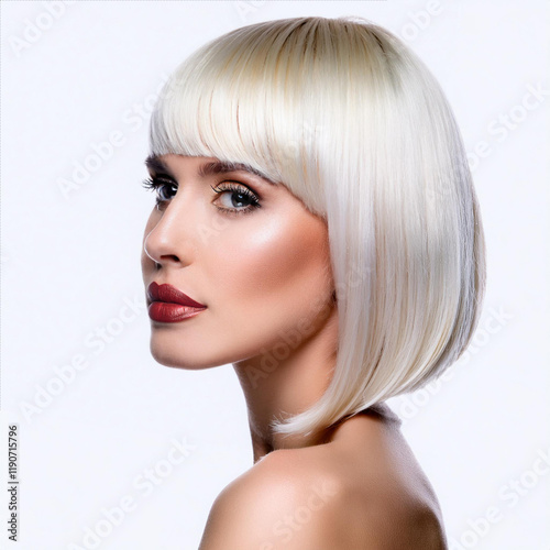 Beautiful Woman With Platinum Blonde Bob Haircut Posing