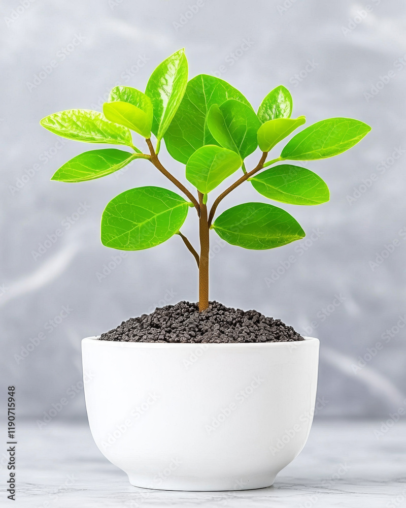 Naklejka premium Business model disruption innovation. Young plant in white pot on gray background