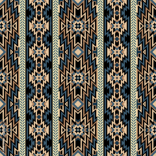 Aztec pixel seamless pattern. Ethnic South Western in warming colorful tone. Vector seamless pattern for wrapping paper, background, carpet, wallpaper, embroidery.