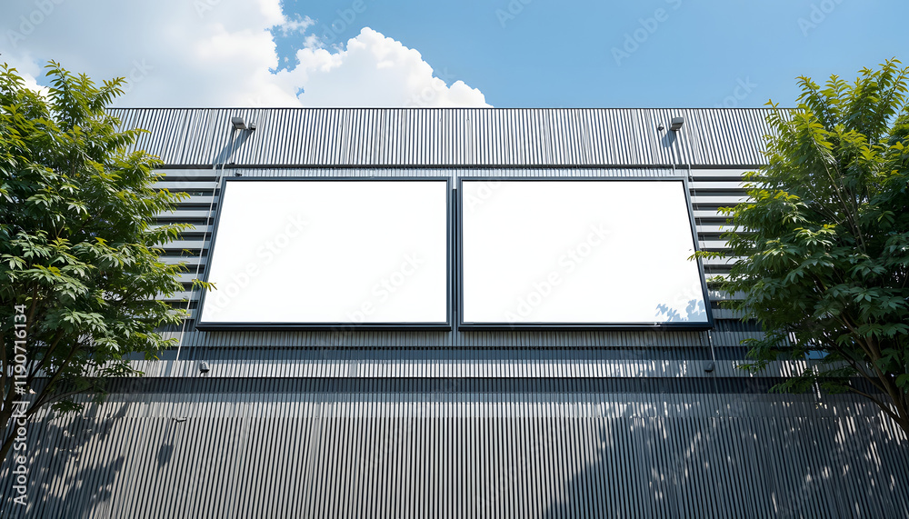Two blank billboards on a building exterior provide space for your advertisement against a blue sky. Two blank billboards on a building exterior provide space for your advertisement against a blue sky.