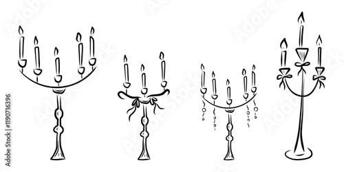 Hand drawn retro candles in a set of candlesticks, whimsical set of candlesticks 