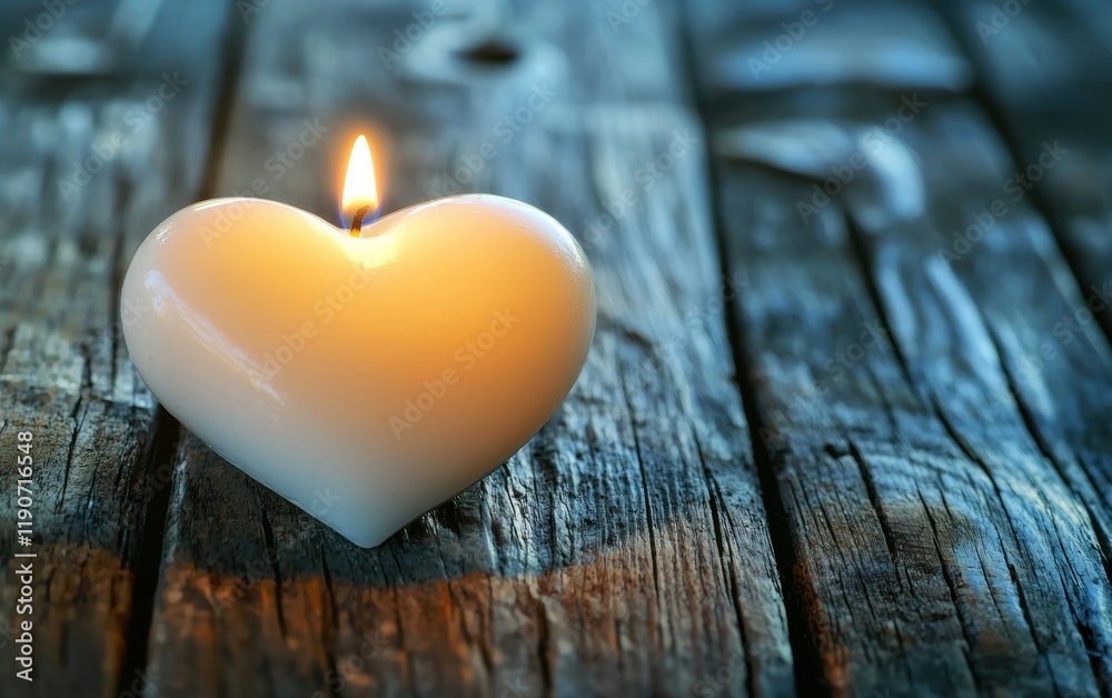 Fototapeta premium A white heart candle glowing warmly, placed elegantly on a rustic wooden surface for valentines day