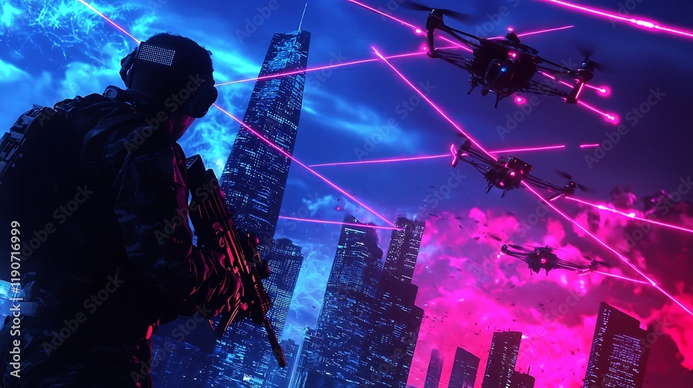 Fototapeta premium Futuristic soldier observing a drone attack in a neon-lit cityscape at twilight