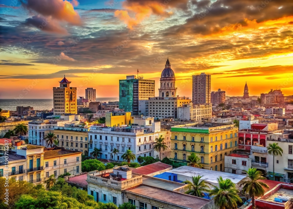 Naklejka premium Panoramic Havana Skyline: Vibrant Cuban Architecture at Sunset