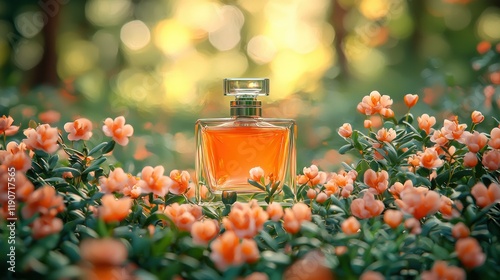 Amber perfume bottle nestled amongst orange blossoms in a sunlit garden.
