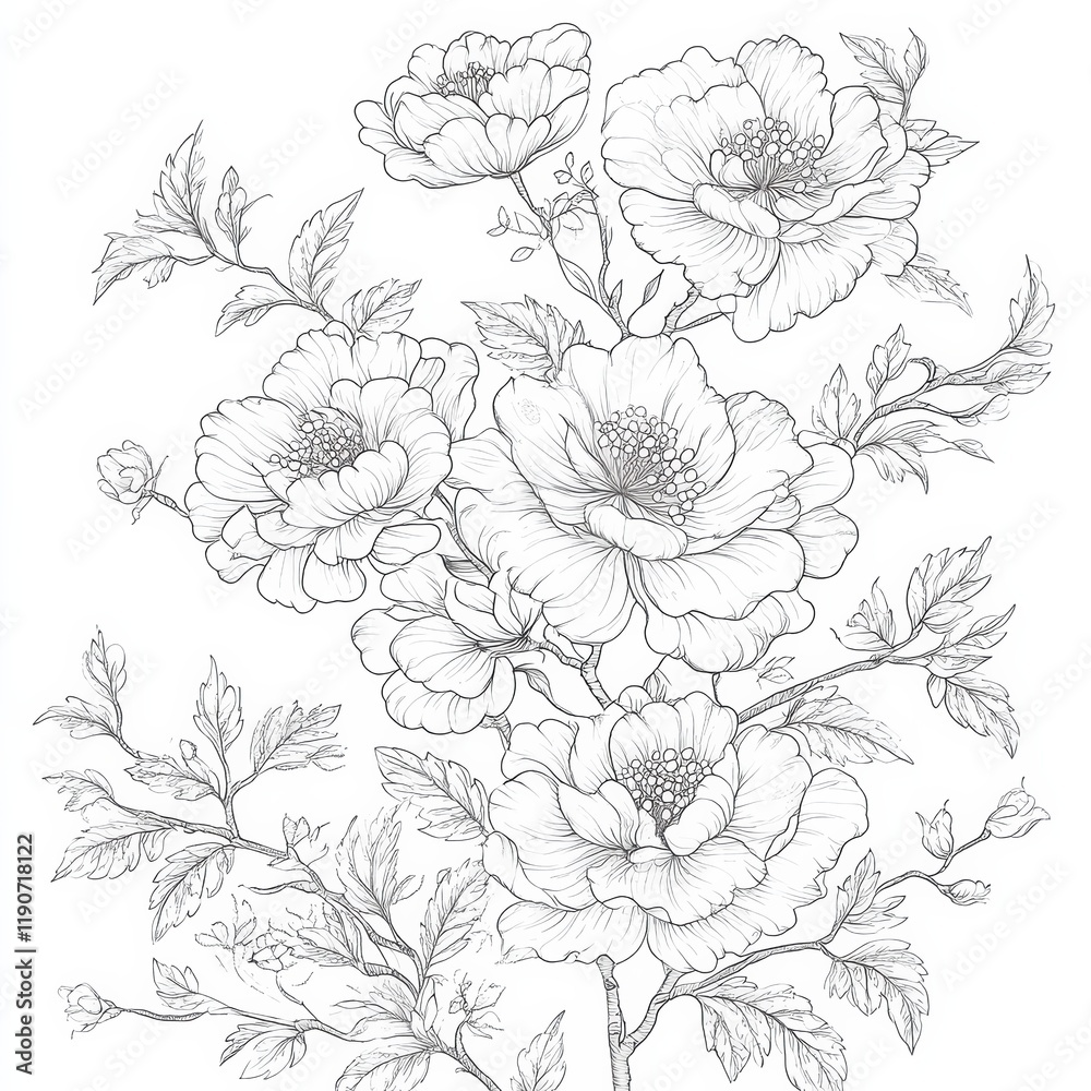 A detailed sketch showcases multiple blooming flowers surrounded by elegant leaves. The intricate line art emphasizes the natural beauty of the floral arrangement A detailed sketch showcases multiple blooming flowers surrounded by elegant leaves. The intricate line art emphasizes the natural beauty of the floral arrangement