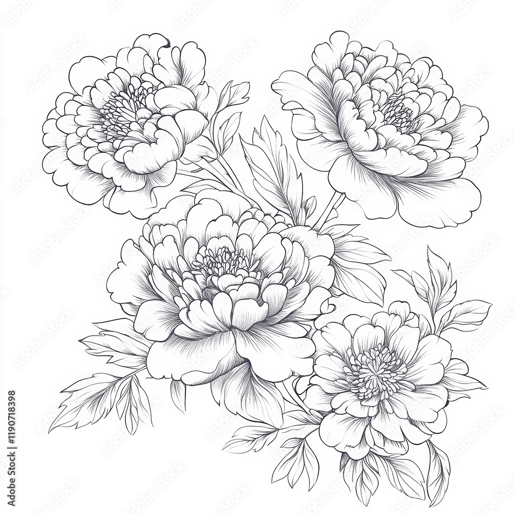 This artwork features a collection of peony flowers with delicate petals and lush leaves, highlighting the beauty of nature. The intricate line art captures the flowers' elegance This artwork features a collection of peony flowers with delicate petals and lush leaves, highlighting the beauty of nature. The intricate line art captures the flowers' elegance