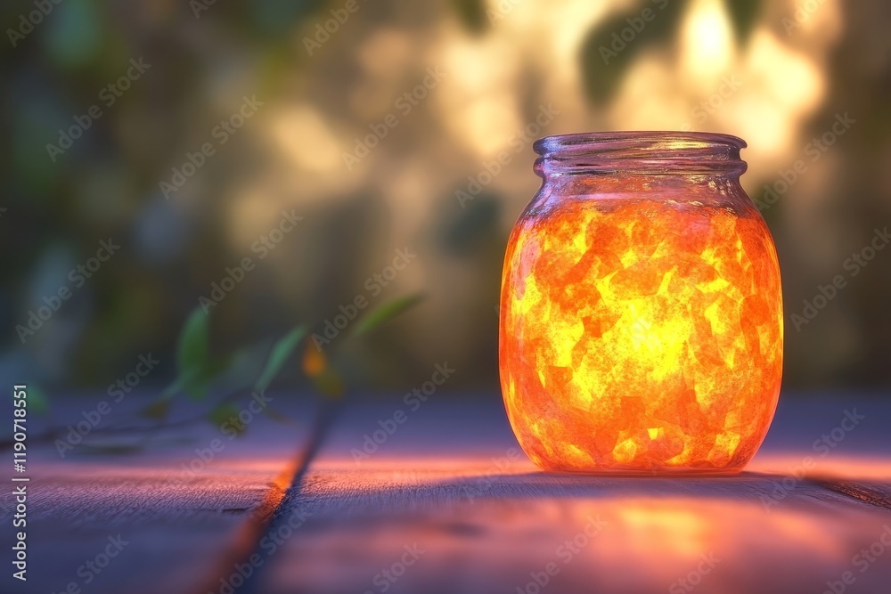 Glowing Jar Filled with Orange Light Capturing a Warm and Ethereal Atmosphere in Nature's Delightful Background Setting Glowing Jar Filled with Orange Light Capturing a Warm and Ethereal Atmosphere in Nature's Delightful Background Setting