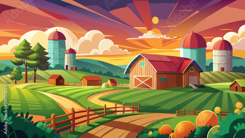 A tranquil rural scene with buildings, silos, verdant fields, and a rustic wooden fence at sunset.
