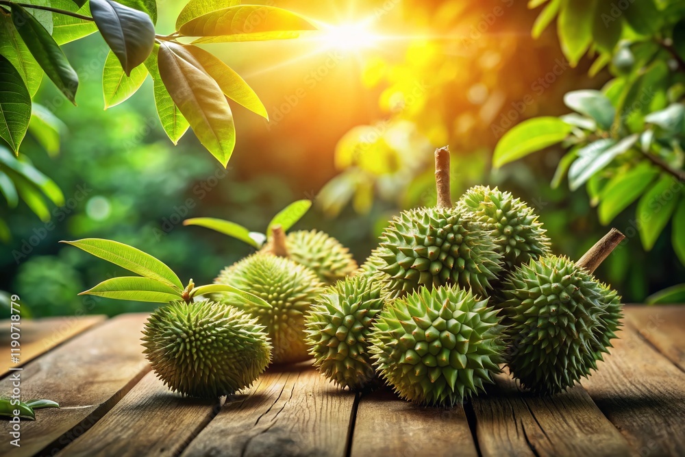 Durian Fruit on Rustic Wooden Table, Lush Greenery Background - Stock Photo Durian Fruit on Rustic Wooden Table, Lush Greenery Background - Stock Photo