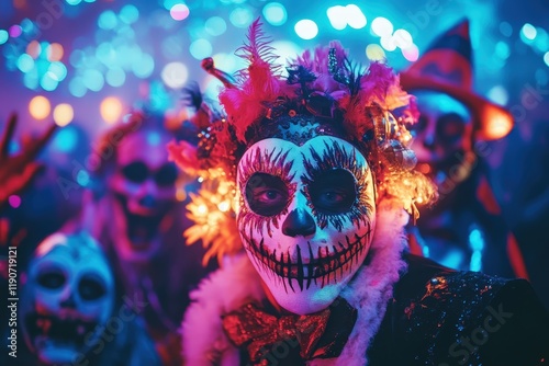 A vibrant photo of a Halloween party with adults wearing elaborate costumes and masks photo