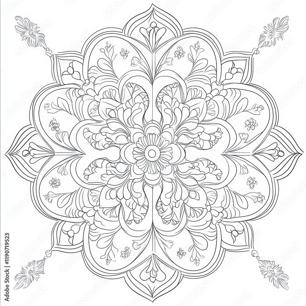 Fototapeta premium This mandala design showcases a complex arrangement of flowers and leaves, promoting mindfulness and creativity. Ideal for coloring or artistic expression