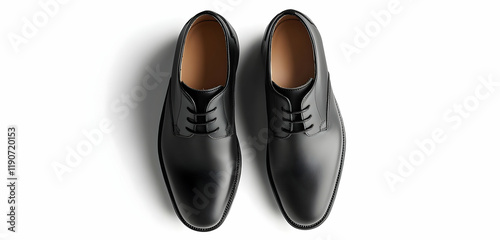 Top-down view of classic black leather men's shoes, enhanced with shadow effects, isolated on a transparent background for an elegant design. photo