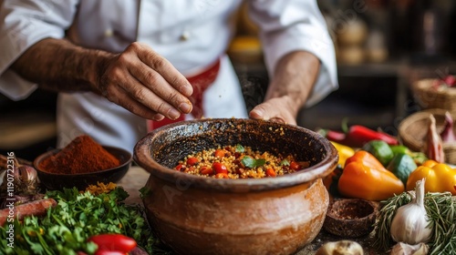 A Moroccan chef preparing couscous in a traditional clay pot, surrounded by spices and vegetables. photo