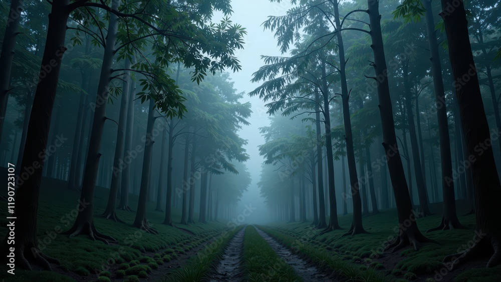 Naklejka premium Enveloped by mist, an enchanting forest path winds through lush, verdant foliage, where ethereal fog shrouds tree canopies and whispers secrets to the earth below