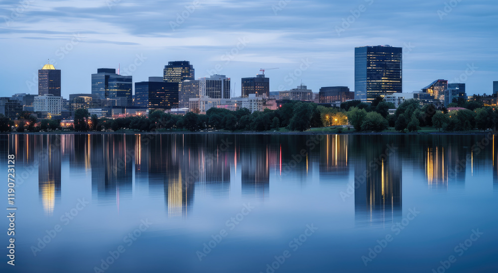 Twilight Serenity: Urban Skyline over Calm Waters Twilight Serenity: Urban Skyline over Calm Waters