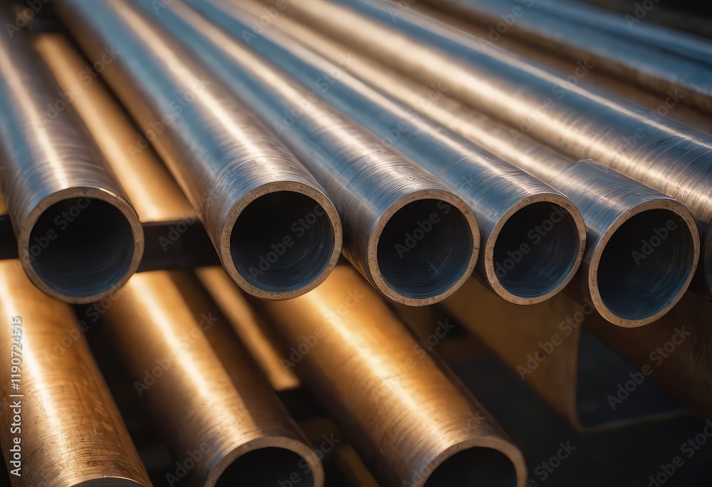 A large assortment of metal pipes stacked one upon another carefully A large assortment of metal pipes stacked one upon another carefully