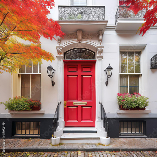 Tranquil Street Scene with Red Door and Plants