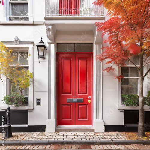 Tranquil Street Scene with Red Door and Plants
