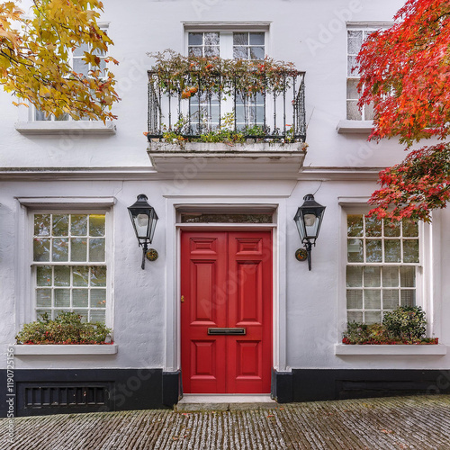 Tranquil Street Scene with Red Door and Plants