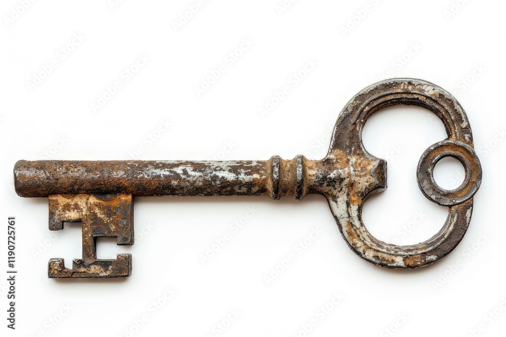 An old, rusty key with intricate designs, suggesting vintage or antique use. isolated on white background An old, rusty key with intricate designs, suggesting vintage or antique use. isolated on white background