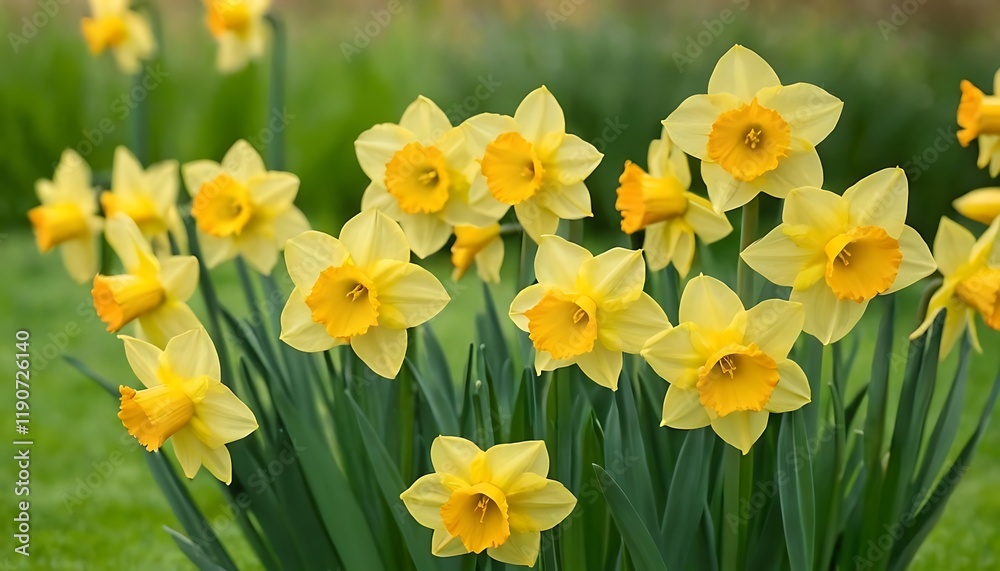Beautiful Yellow Spring Blooms on Blurred Green Background. 3 Beautiful Yellow Spring Blooms on Blurred Green Background. 3