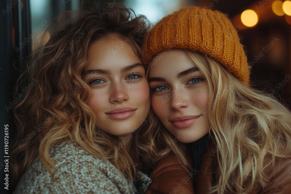 Fototapeta premium Friends enjoying a cozy moment together in warm winter outfits at a cafe during a chilly evening