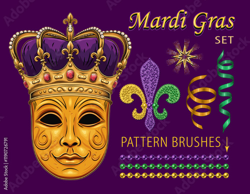 Pack of design elements for Mardi Gras masquerade with venetian mask in crown, bead strings, streamer ribbons, golden star, beaded fleur de lis sign, text. Clip art in vintage style.