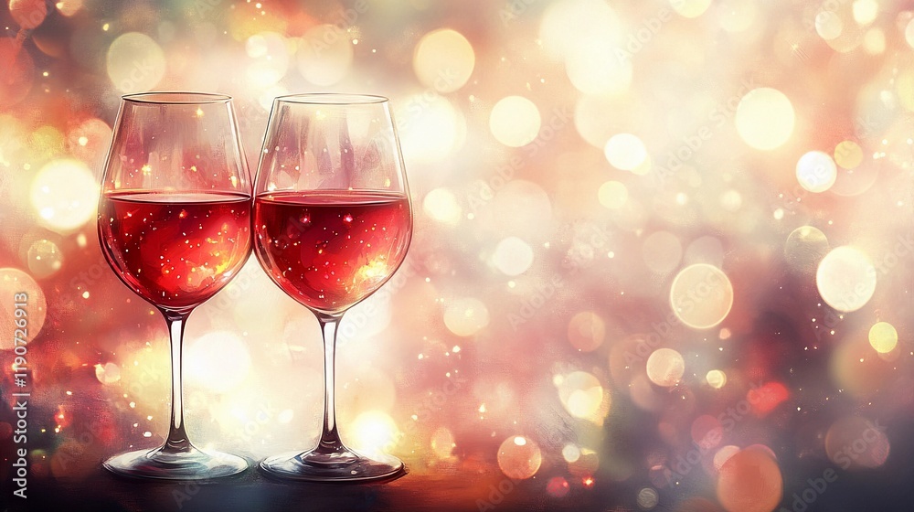 Soft side bokeh glow reflecting on wine glasses, evoking a sophisticated and relaxing ambiance, style book illustration Soft side bokeh glow reflecting on wine glasses, evoking a sophisticated and relaxing ambiance, style book illustration