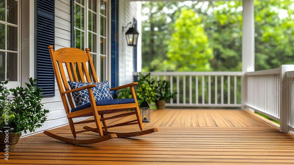 Serene Porch Scene: Rocking Chair on Wooden Deck Serene Porch Scene: Rocking Chair on Wooden Deck