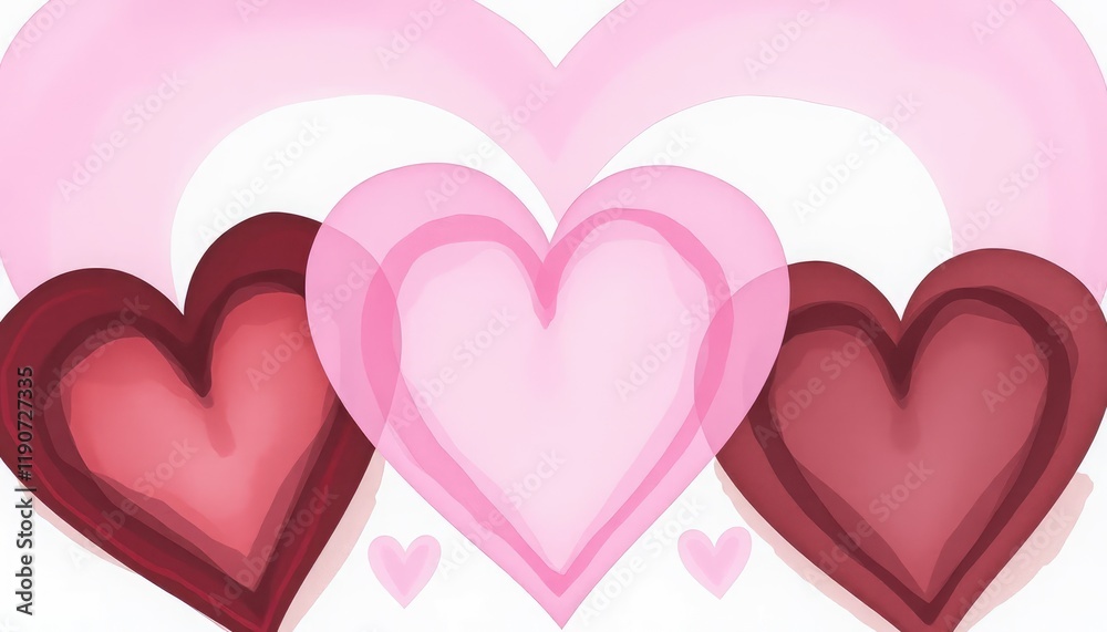 Three overlapping hearts in shades of pink and red symbolizing love and affection Three overlapping hearts in shades of pink and red symbolizing love and affection