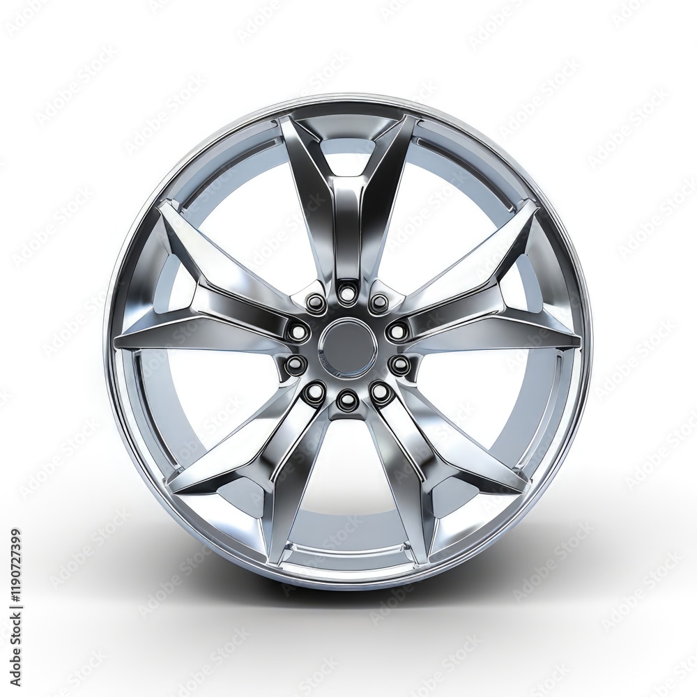 Naklejka premium A shiny, modern alloy wheel designed for vehicles, showcasing intricate spokes and a polished finish. isolated on white background