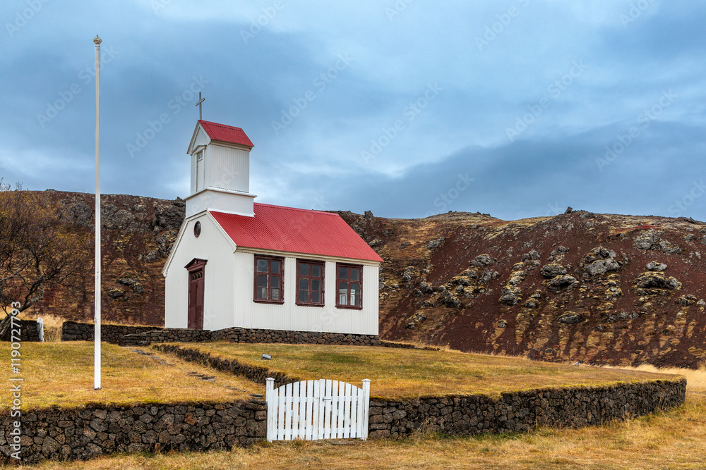 A typical church near the town of Raudhamelur in the west of Iceland