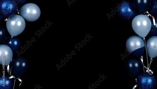 Silver and Navy Blue Glitter Balloons with Metallic Ribbons on Black
