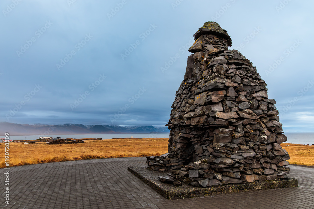 Bardur Snaefellsas Statue at Arnarstapi on Snaefellsnes Peninsula in Iceland