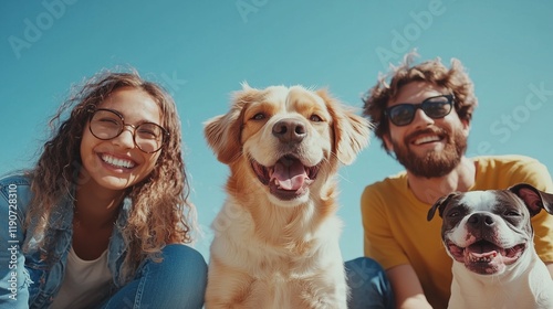 A clean ad for a pet daycare service with playful dogs and happy caretakers photo