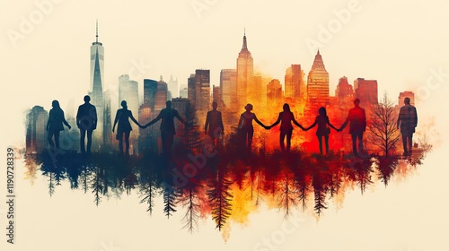 Double exposure of businesspeople holding hands with a city skyline, representing unity and teamwork in the corporate world