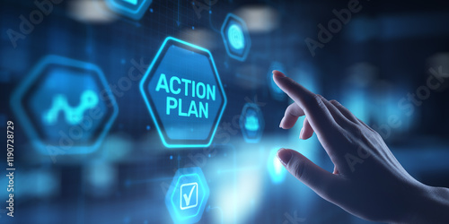 Action Plan Strategic Planning and Goal Setting, projection on a virtual screen, Business and Technology Concept. photo