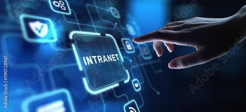 Intranet Enhancing Internal Communication and Collaboration, projection on a virtual screen, Business and Technology Concept.
