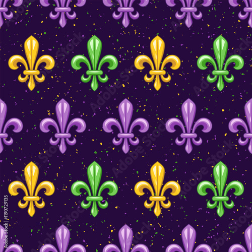 Seamless pattern with fleur de lis, beads, confetti. Mardi gras carnival design. Vintage illustration for prints, clothing, surface design